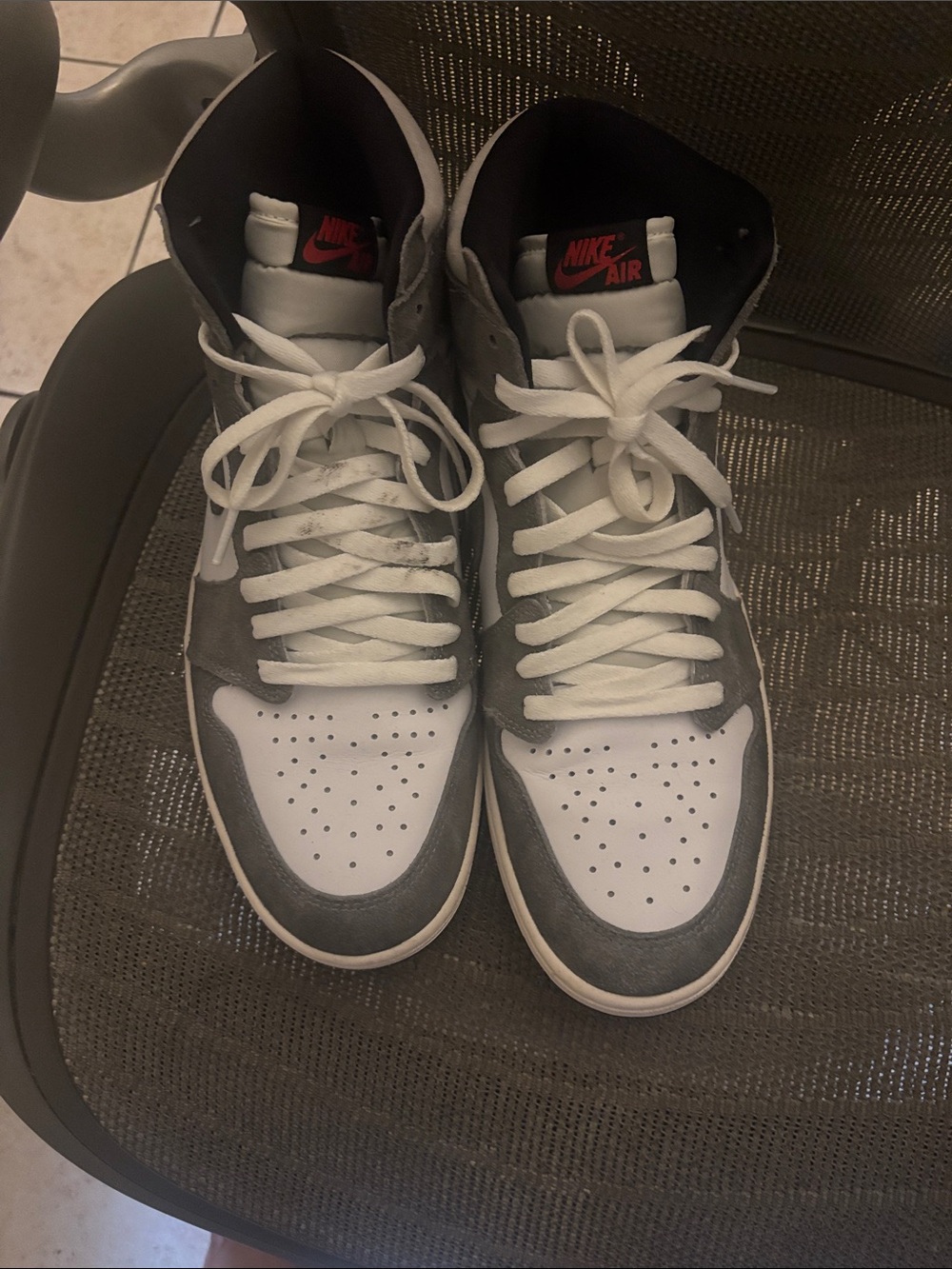 Nike High-Top Sneakers in White, Gray and Black with Red Logo